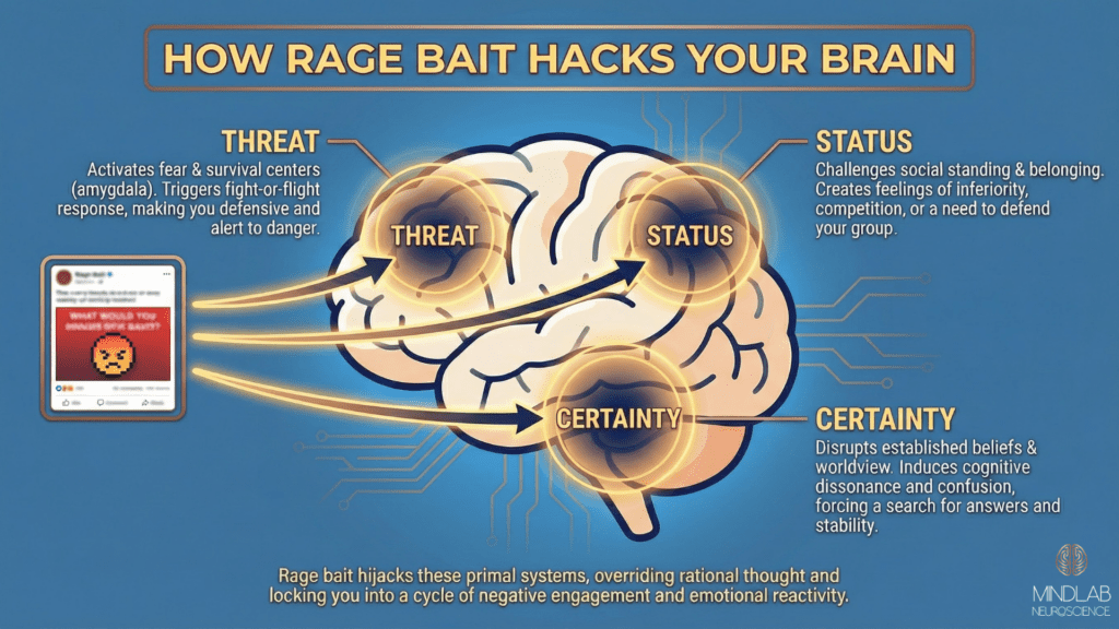 Rage Bait: Neuroscientific Ways To Stop Getting Hooked 2 How Rage Bait Hacks Your Brain infographic showing a glowing brain diagram labeled threat, status, and certainty, with arrows from a rage bait post illustrating emotional manipulation.