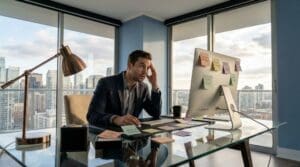 A man wondering how to focus when he is overwhelmed at a luxury office desk with sticky notes showing scattered tasks, representing difficulty learning how to focus.