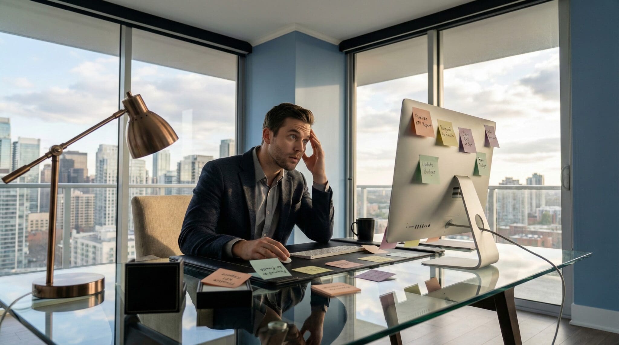 A man wondering how to focus when he is overwhelmed at a luxury office desk with sticky notes showing scattered tasks, representing difficulty learning how to focus.