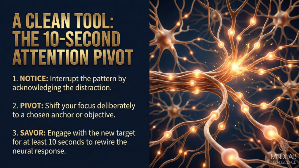 How To Rewire Your Brain: A Neuroscience-Based Guide That Actually Works 6 How to rewire your brain with 10-second attention pivot technique - glowing neural circuitry with illuminated nodes and redirected pathways showing neurological interrupt.