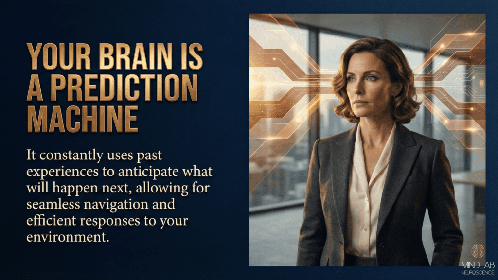 How To Rewire Your Brain: A Neuroscience-Based Guide That Actually Works 2 How to rewire your brain as a prediction machine - female executive with dimensional probability pathways and golden prediction visualization showing anticipated outcomes.