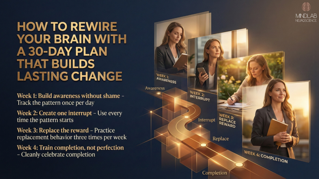 How To Rewire Your Brain: A Neuroscience-Based Guide That Actually Works 8 Learn how to rewire your brain in 30 days with structured weekly plan - female professionals across four temporal phases showing awareness, interrupt, replace reward, and completion progression.