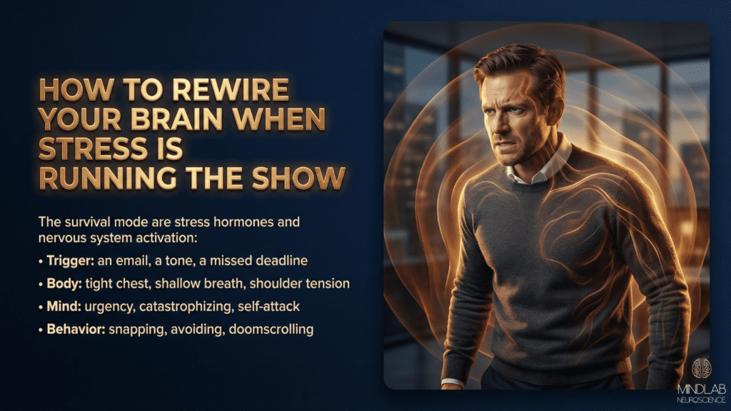 How To Rewire Your Brain: A Neuroscience-Based Guide That Actually Works 3 How to rewire your brain when stressed - male professional showing survival mode activation with radiating stress waves and nervous system hijack visualization with cognac illumination.