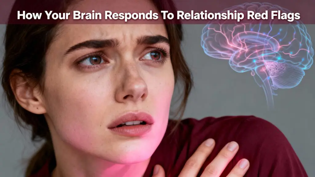 Relationship Red Flags: A Neuroscience Guide 2 Woman's face showing internal struggle recognizing relationship red flags with hand on chest and nervous system activation visible