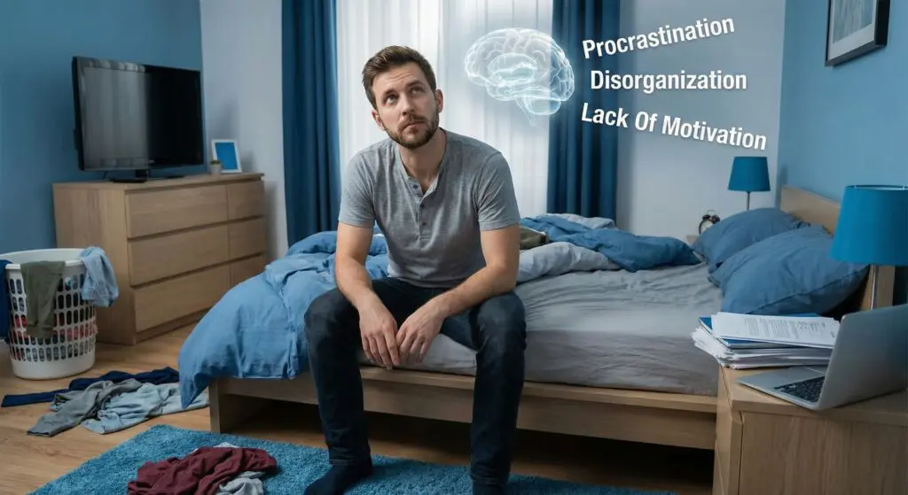 Habit Loops: How to Break Bad Ones and Build Better Ones 6 The man is struggling with procrastination, disorganization, and a lack of motivation, which represent deeper habit loops tied to his identity and feelings of shame.
