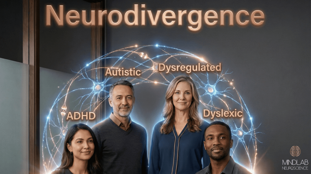 Neurodivergent coaching for adults, including ADHD, autistic, dysregulated, and dyslexic individuals with neural connections, was displayed.