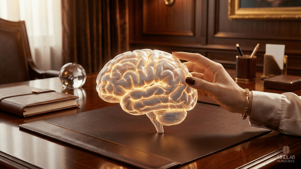 Neuroplasticity Exercises: How I Rewire the Brain for Positive Change 6 A hand gently touching a glowing 3D brain model on a sophisticated wooden desk, symbolizing high-end coaching using neuroplasticity exercises.