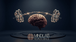 Glowing neural clusters fire electrical energy into a floating 3D brain above concentric rings, symbolizing MindLAB Neuroscience’s precision approach to neuroplasticity exercises.