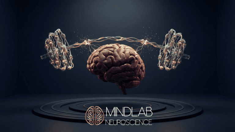 Glowing neural clusters fire electrical energy into a floating 3D brain above concentric rings, symbolizing MindLAB Neuroscience’s precision approach to neuroplasticity exercises.