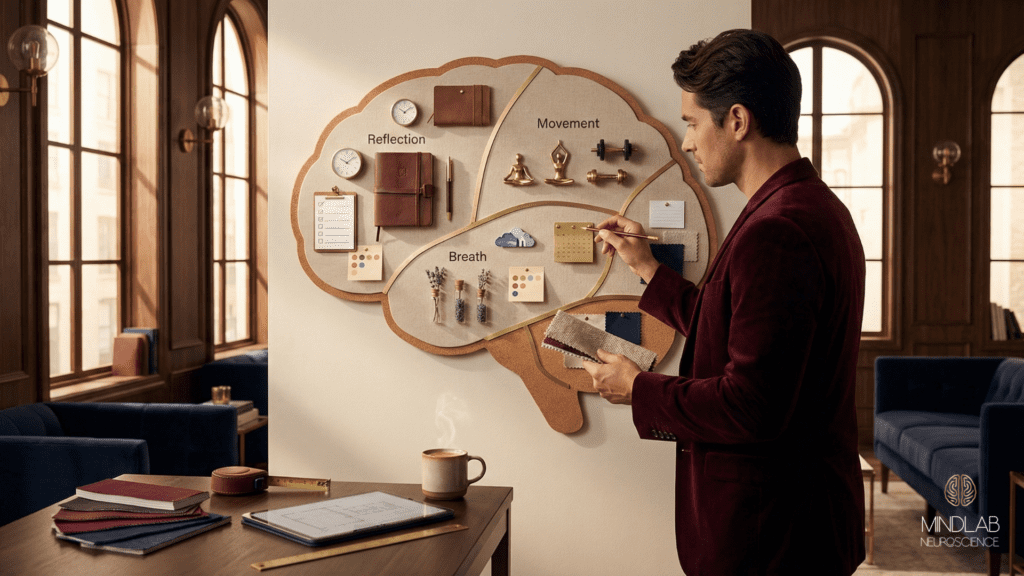 Neuroplasticity Exercises: How I Rewire the Brain for Positive Change 2 Man designing a brain-shaped planning board labeled reflection, movement, and breath, illustrating practical, lifestyle-based neuroplasticity exercises in a refined studio.