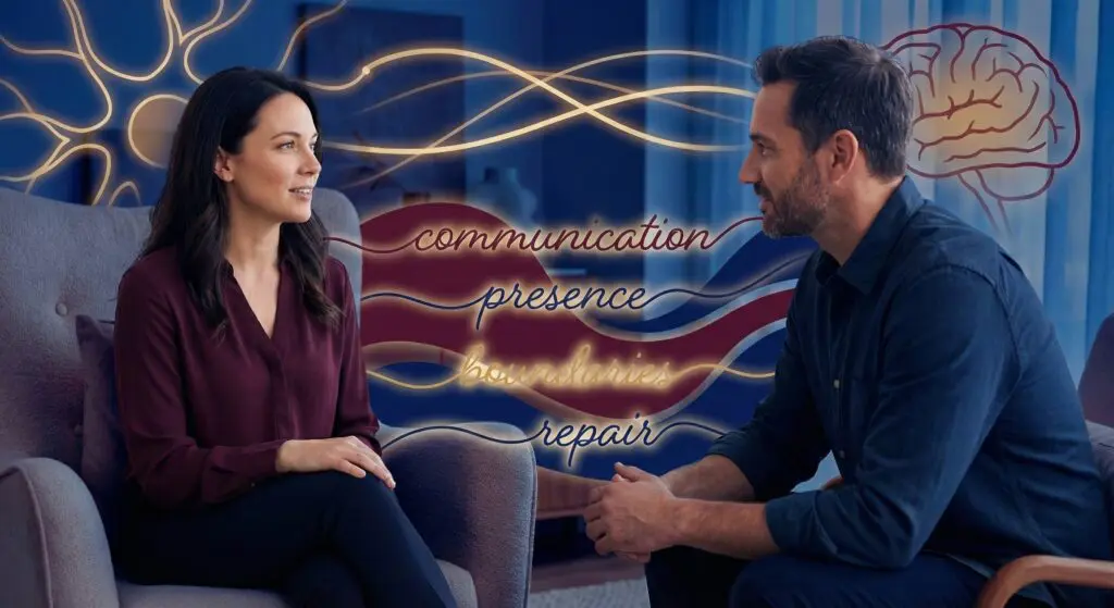 Emotionally Unavailable Partner: The Neuroscience of Emotional Depth Mismatch 7 Emotionally unavailable partner having calm, present conversation with neural pathway visualization showing communication, presence, boundaries, and repair.