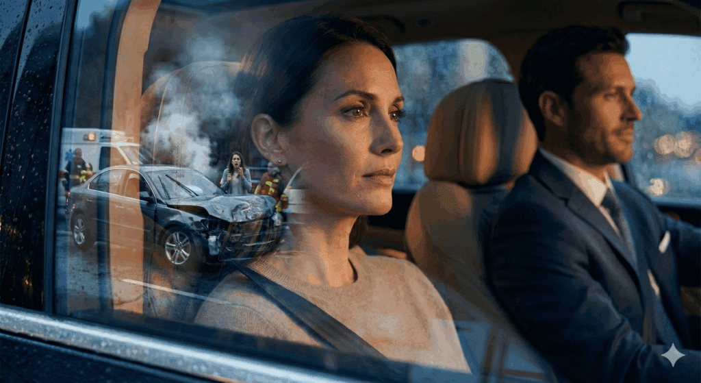 A woman riding in a car sees a traumatic crash reflected in the window, capturing how the Neuroscience of Obsession replays old memories.