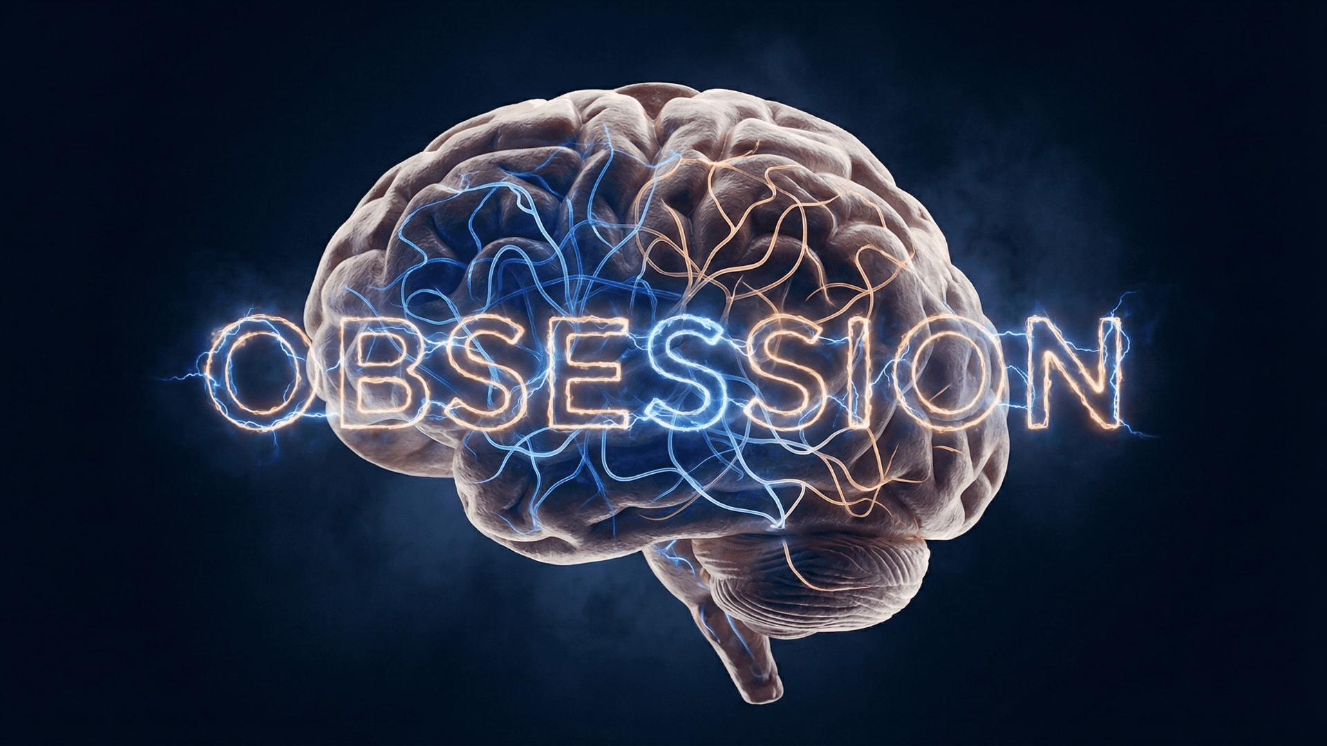 A human brain glows with electric neural lines forming the word obsession, symbolizing the intensity of the Neuroscience of Obsession.