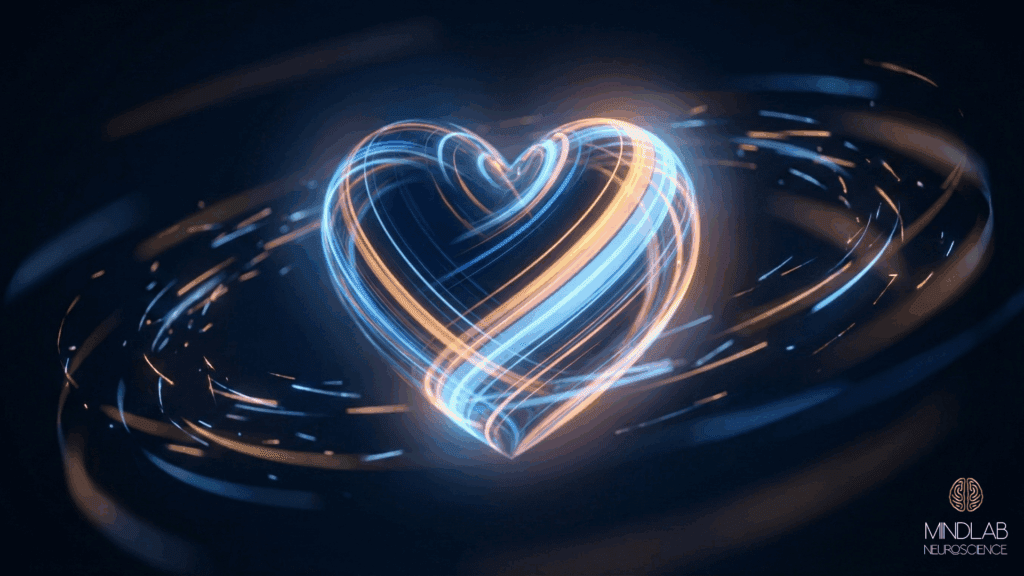 A glowing heart made of swirling neural lines floats in darkness, showing how love can activate the Neuroscience of Obsession.