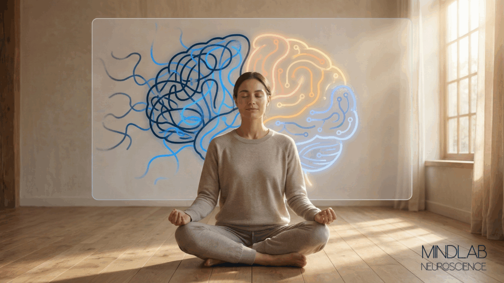 A woman meditates calmly on the floor as glowing brain pathways shift from tangled to organized, symbolizing the Neuroscience of Obsession.