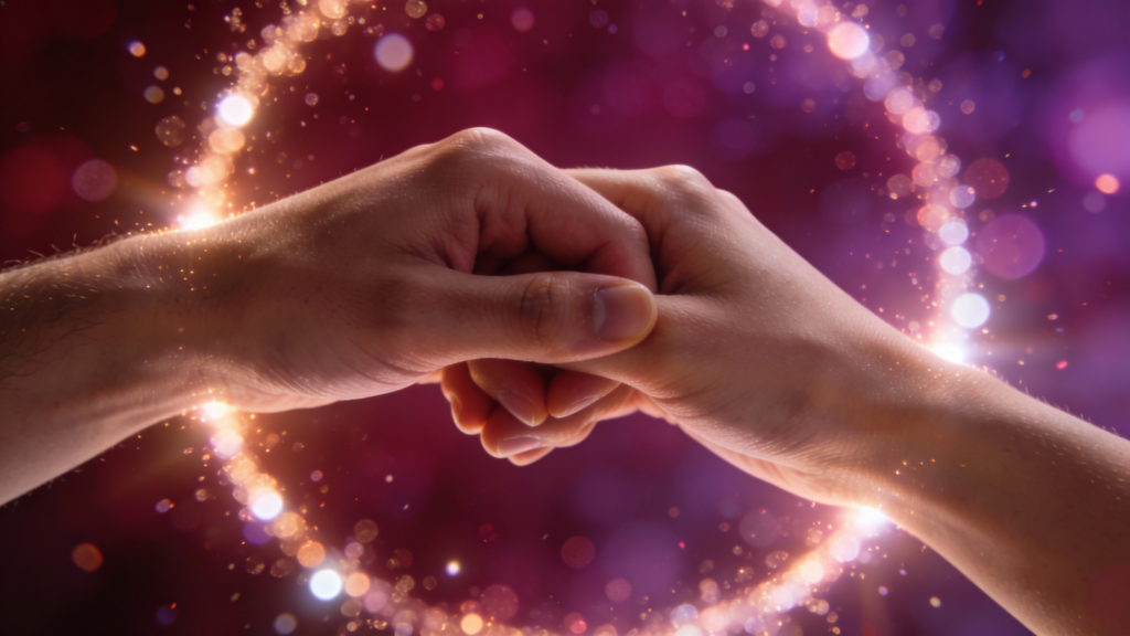 Oxytocin Bonding: The Neuroscience of Love and Connection 3 Two hands touching with glowing golden light, symbolizing oxytocin bonding through trust and empathy in human relationships.