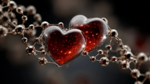 Crystalline glass hearts glowing with warm light, connected by metallic bonds representing oxytocin bonding and neuroscience of love.