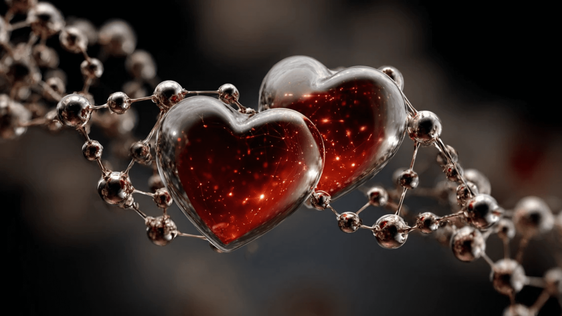 Crystalline glass hearts glowing with warm light, connected by metallic bonds representing oxytocin bonding and neuroscience of love.