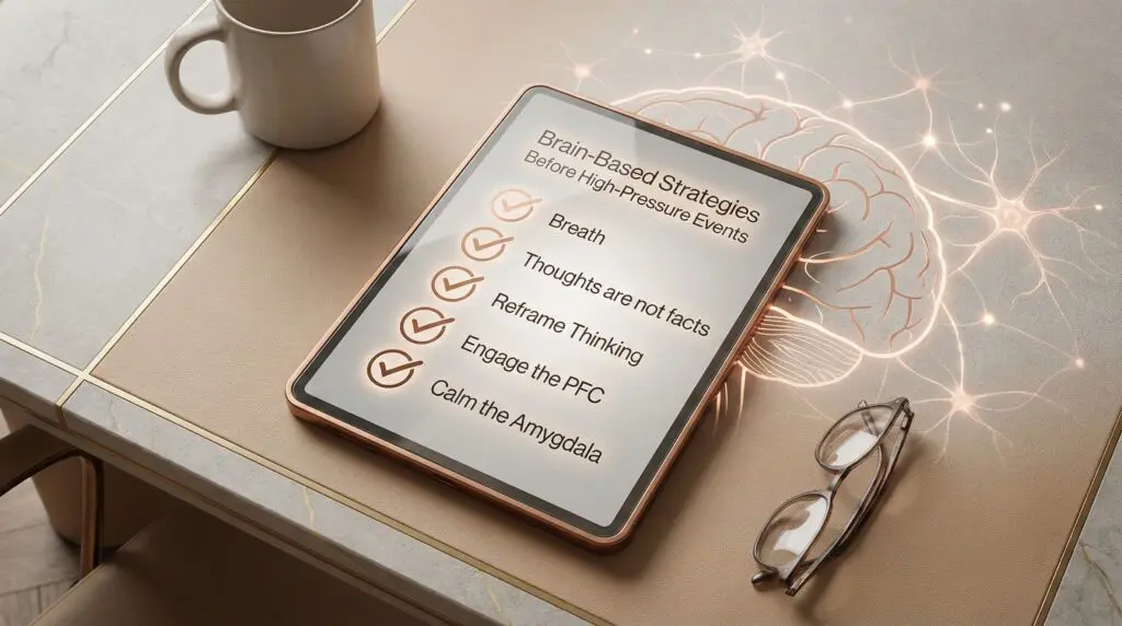 Performance Anxiety: A Neuroscience Guide To Calm 7 Luxury neuroscience-inspired checklist on a tablet showing five brain-based strategies to reduce performance anxiety.