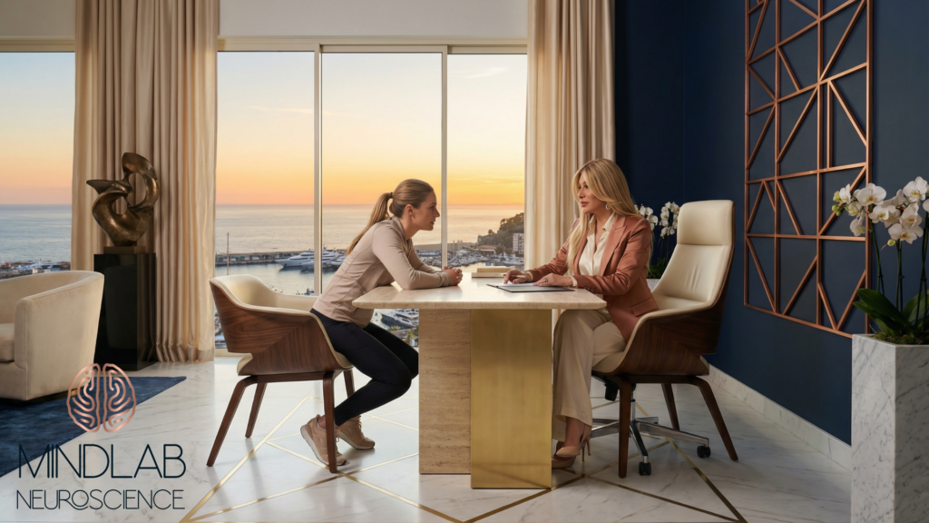 Performance Anxiety: A Neuroscience Guide To Calm 8 Dr. Sydney Ceruto coaching a young professional in a luxury MindLAB Neuroscience office about performance anxiety at work.