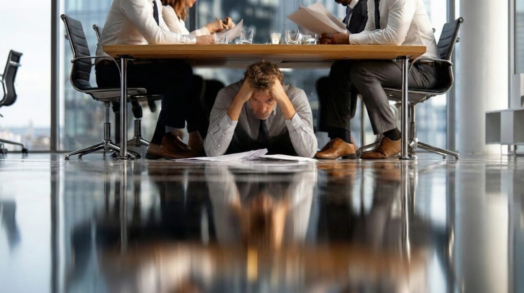 A stressed executive crouched under a conference table with scattered papers, illustrating intense performance anxiety at work.