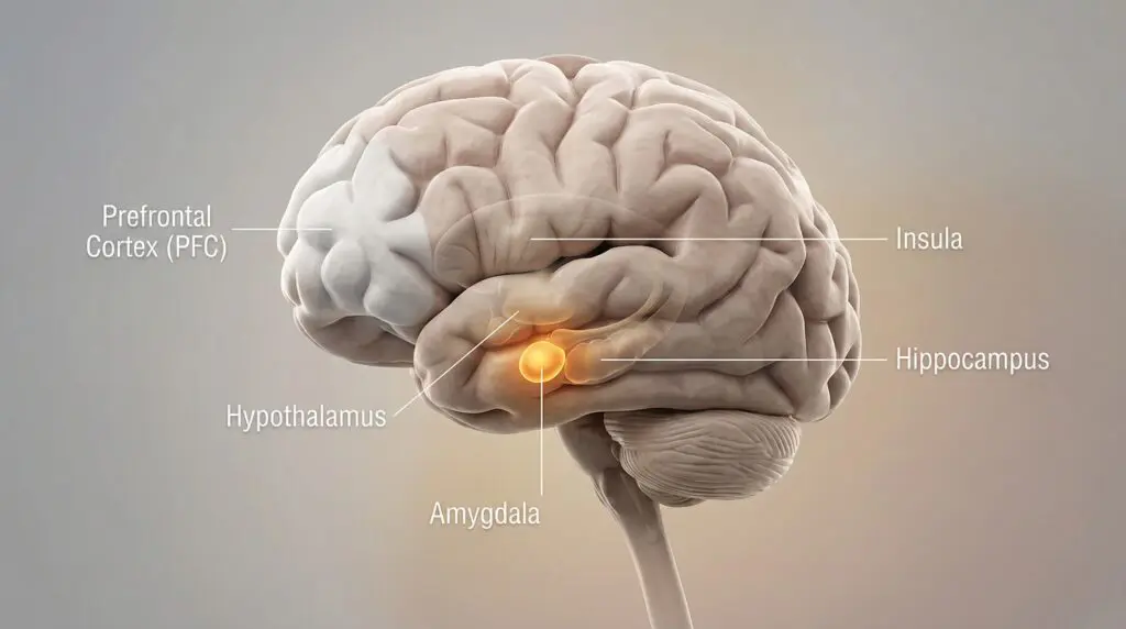 Performance Anxiety: A Neuroscience Guide To Calm 2 Labeled 3D brain diagram showing the prefrontal cortex, amygdala, hippocampus, hypothalamus, and Insula, with the amygdala highlighted to illustrate performance anxiety at work.