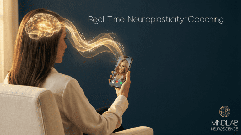 Woman on video call with neuroscience coach demonstrating real-time neuroplasticity coaching access