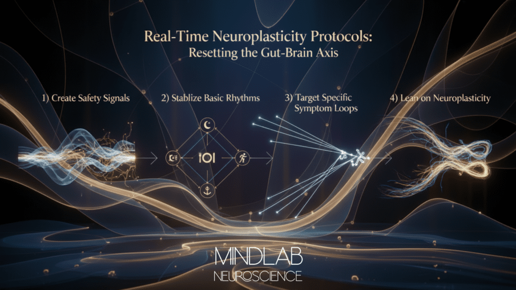 Real-time neuroplasticity protocols flowchart showing four core principles for resetting the gut-brain axis through safety signals, rhythmic stability, targeted interventions, and neural rewiring.