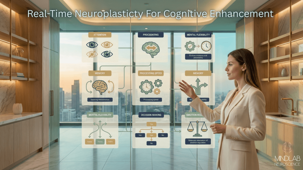 Cognitive Enhancement: Utilizing Real-Time Neuroplasticity Coaching 1 Professional woman presenting cognitive enhancement neuroplasticity framework with attention, processing, memory, and decision-making brain optimization diagrams.