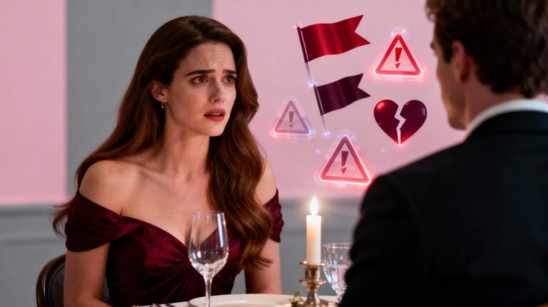 Woman with long brown hair at elegant dinner gazing at boyfriend surrounded by floating red flag symbols warning signs