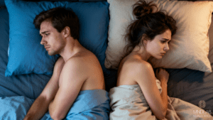 A couple facing away in bed, showing emotional disconnect and relationship tension from sexual performance anxiety.