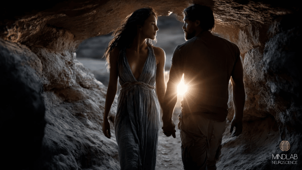 Sexual Performance Anxiety: How Neuroscience Can Help 3 Prehistoric couple in cave setting holding hands, representing the evolutionary origins of human sexual pair bonding and intimacy.