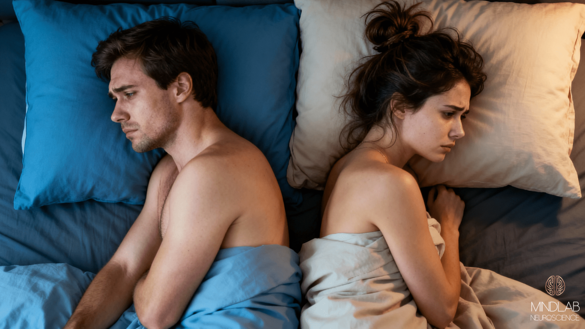 A couple facing away in bed, showing emotional disconnect and relationship tension from sexual performance anxiety.