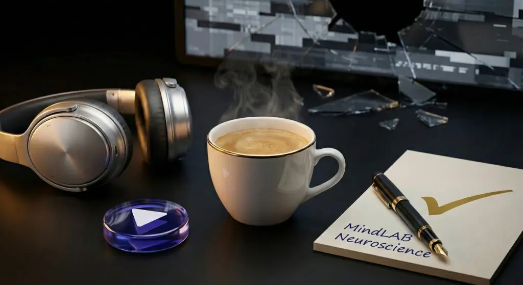 Dopamine Anchoring: The Neuroscience-Based Way to Make Hard Things Feel Easier 5 The luxurious still life of coffee, headphones, and a notebook represents clean dopamine anchoring versus distraction.