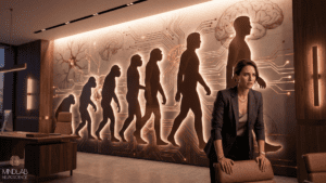 Woman in modern office beneath evolution mural and neural circuitry, illustrating evolutionary neuroscience of self-hatred.