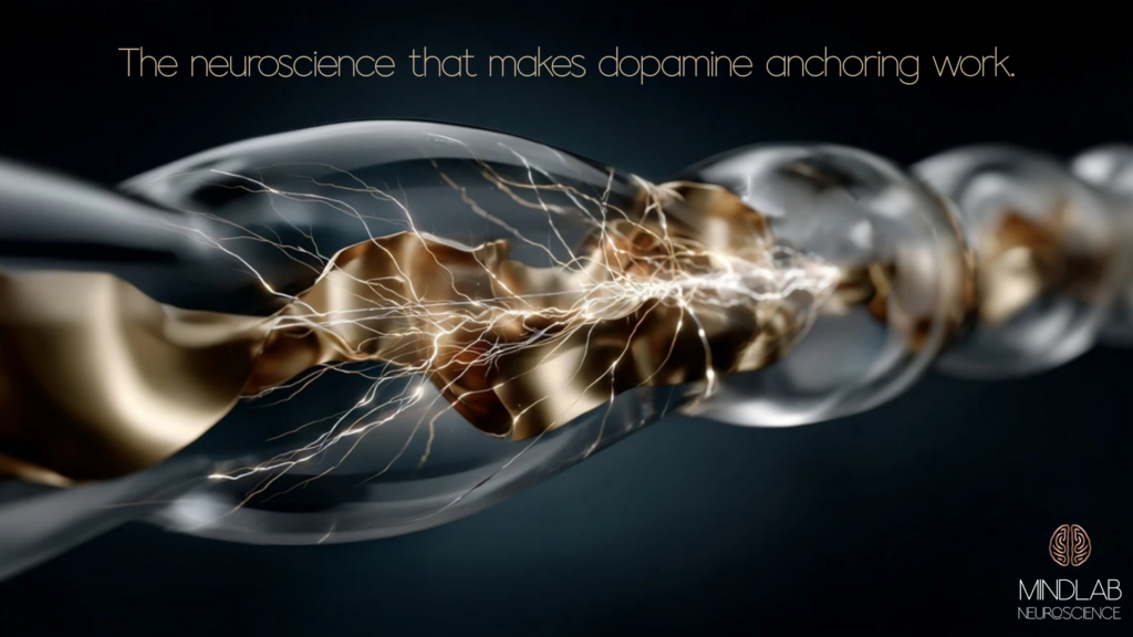 Dopamine Anchoring: The Neuroscience-Based Way to Make Hard Things Feel Easier 2 Microscopic view of nerve fiber wrapped in gold myelin illustrating dopamine anchoring reinforcement in the brain.