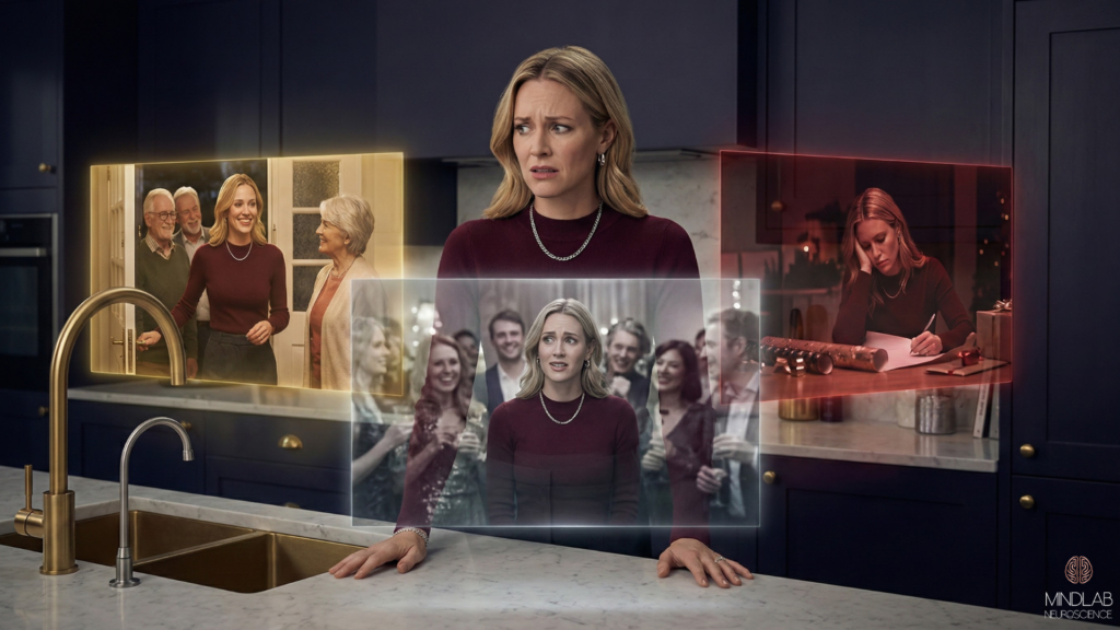 Woman experiencing holiday burnout as her brain struggles to predict multiple conflicting futures simultaneously.