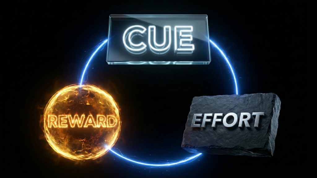 Dopamine Anchoring: The Neuroscience-Based Way to Make Hard Things Feel Easier 4 Three part cycle diagram showing cue effort and reward loop for the dopamine anchoring neuroscience protocol.