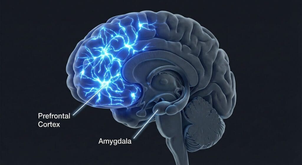 EQ Leadership: The Neuroscience Of Real Influence 1 Medical infographic showing what EQ leadership looks like in the brain with a glowing prefrontal cortex and muted amygdala.