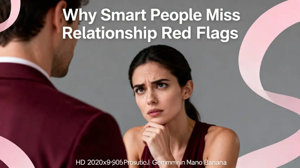 Relationship Red Flags: A Neuroscience Guide 4 Intelligent woman rationalizing relationship red flags with thoughtful expression while nervous system signals tension underneath