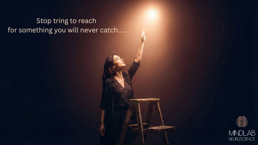 Emotionally Unavailable Partner: The Neuroscience of Emotional Depth Mismatch 5 Woman reaching for light while bonded to emotionally unavailable partner, illustrating trauma bonding and unrequited pursuit in relationships.