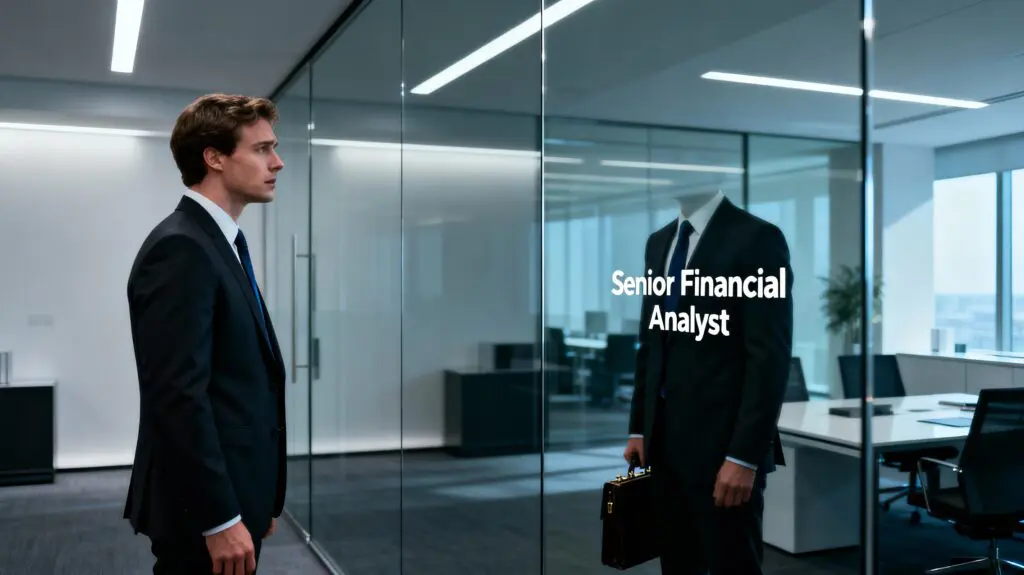 Young Professionals: A Neuroscience Guide To Thriving At Work 4 White male professional looking at mirror reflection showing only job title instead of face, identity fusion with work