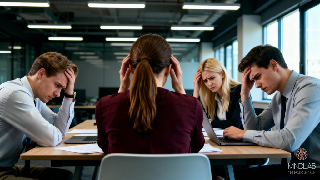 Group of young professionals in conference room meeting, stressed expressions, hand gestures showing overwhelm, laptops and papers