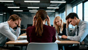 Group of young professionals in conference room meeting, stressed expressions, hand gestures showing overwhelm, laptops and papers