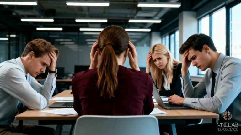 Group of young professionals in conference room meeting, stressed expressions, hand gestures showing overwhelm, laptops and papers