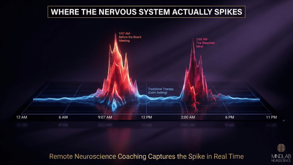 3D holographic nervous system activation chart showing stress spikes at 9:07 AM and 2:00 AM, demonstrating why remote neuroscience coaching captures real-time triggers better than traditional therapy.