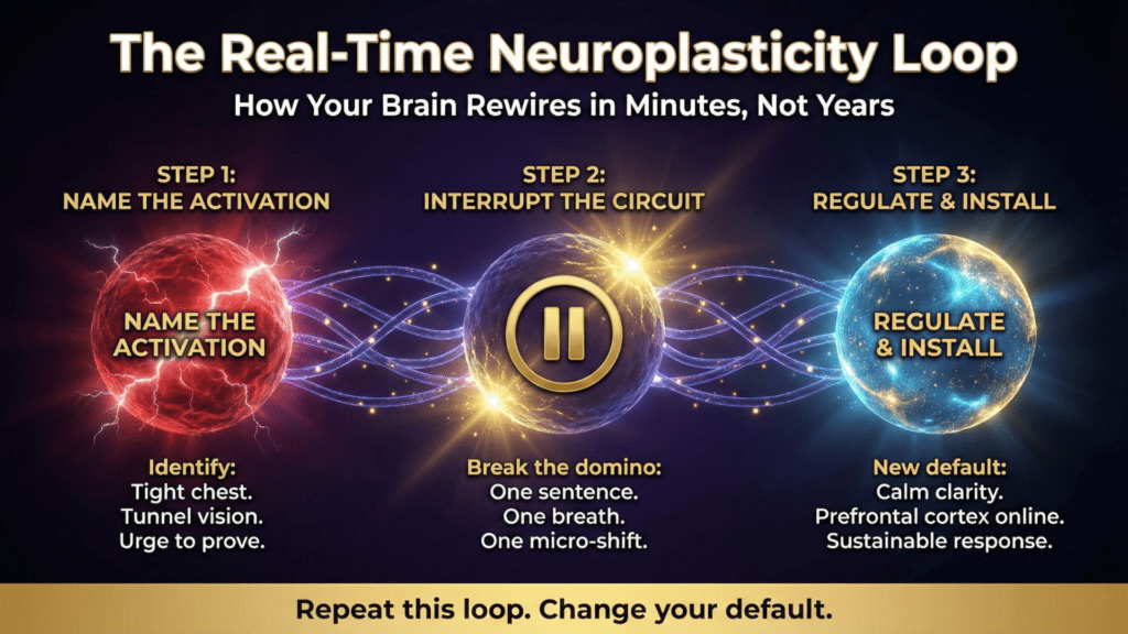 Three-step neuroplasticity infographic showing name activation, interrupt circuit, and regulate steps of real-time neuroscience coaching methodology for brain rewiring.