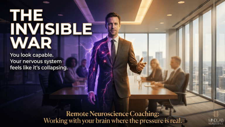Executive man at conference table with split lighting showing confident exterior and chaotic internal nervous system, representing remote neuroscience coaching transformation potential.