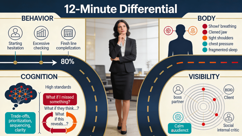 Coaching assessment on perfectionism vs High Standards infographic showing woman centered among four diagnostic lanes: behavior (starting hesitation, excessive checking, 80% paralysis), body (shallow breathing, clenched jaw, tight shoulders), cognition (certainty-seeking loops versus trade-off thinking), and visibility (internal audience activation).