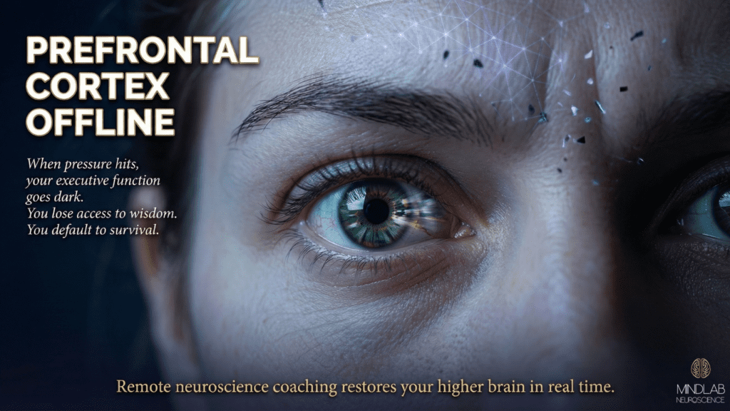 Dilated eye with subtle digital mesh fragmenting over forehead, representing loss of executive function that remote neuroscience coaching restores in real time.